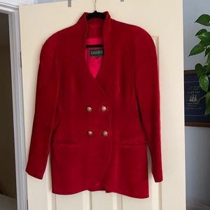 Vintage red suede blazer with interesting neckline and gold buttons. Medium